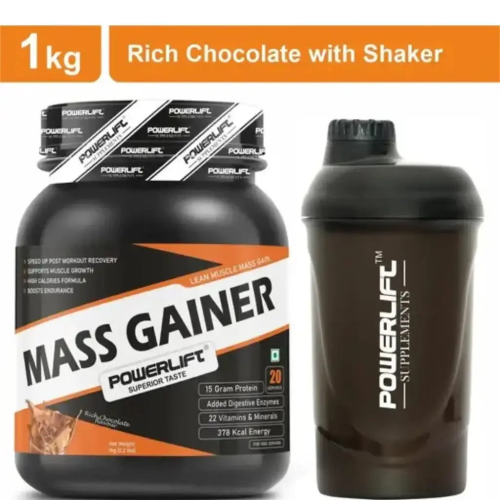 PowerLift 1KG Mass Gainer protein powder with Free Shaker, chocolate flavour